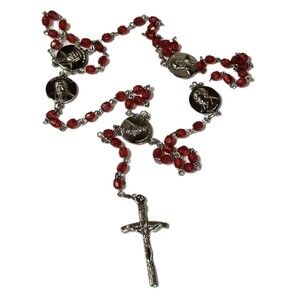 Catholic Rosary Red Faceted Glass Beads Silver Tone Crucifix, Saint Metals VTG